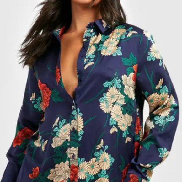 Boohoo Shirt Dress 14 Long Sleeve Floral Artsy Unique Collared Button Front - Picture 3 of 14